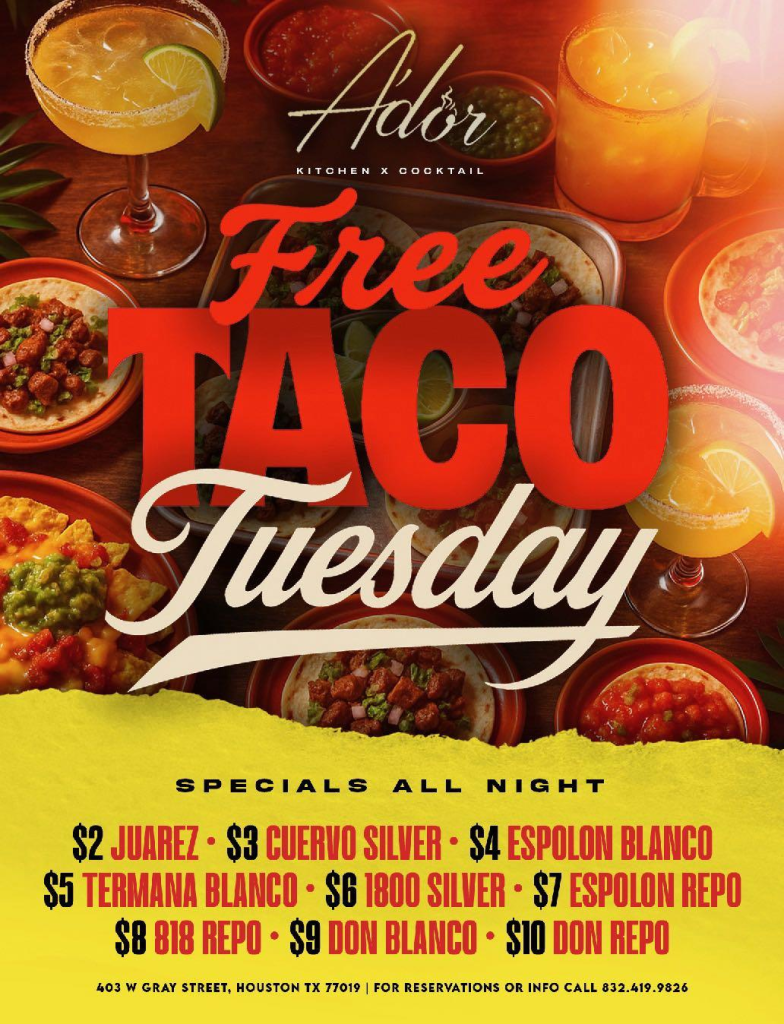 Ador Free Taco Tuesday event flyer