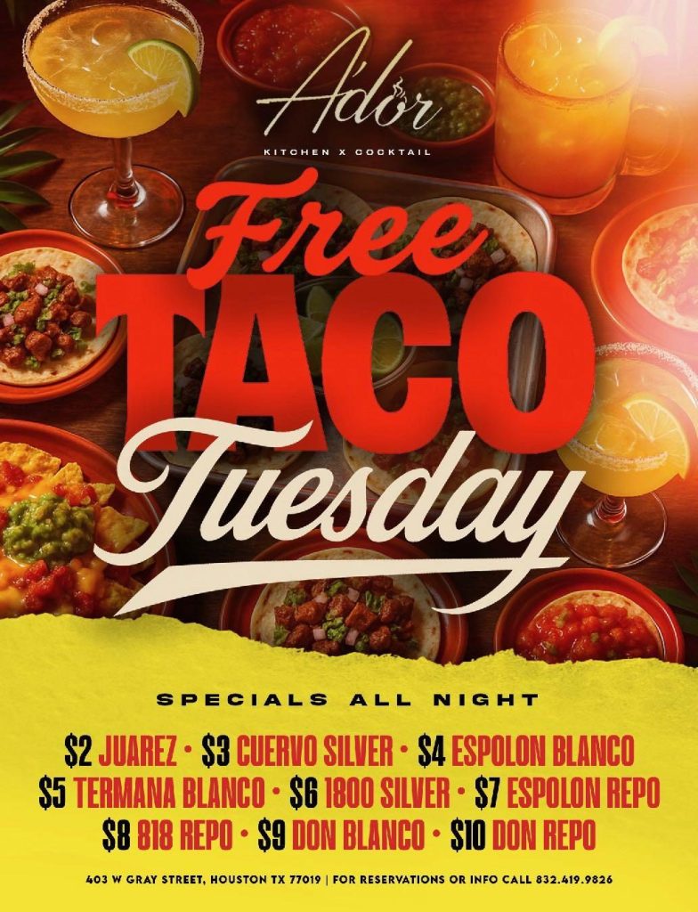 Ador Free Taco Tuesday event flyer