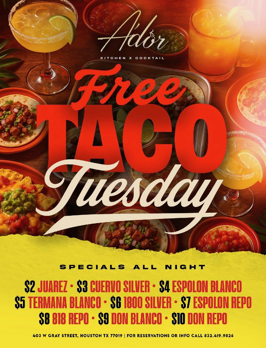Ador Free Taco Tuesday event flyer